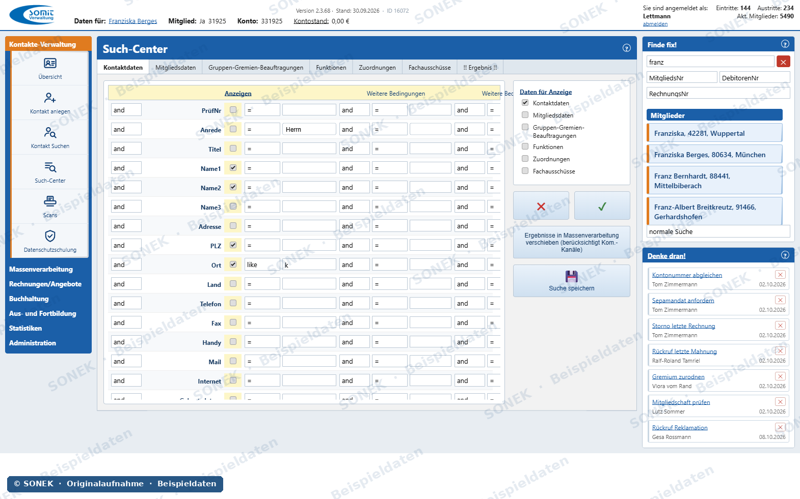 Sonek-Verwaltungssoftware – Such-Center