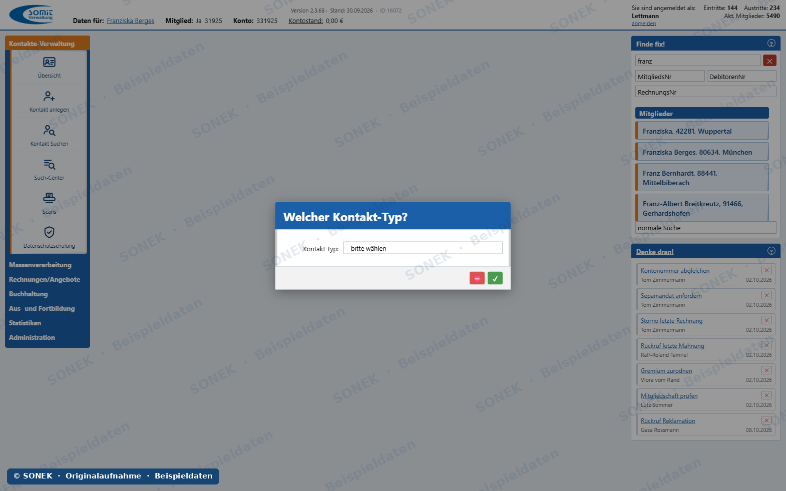 Sonek-Verwaltungssoftware – Kontakt anlegen