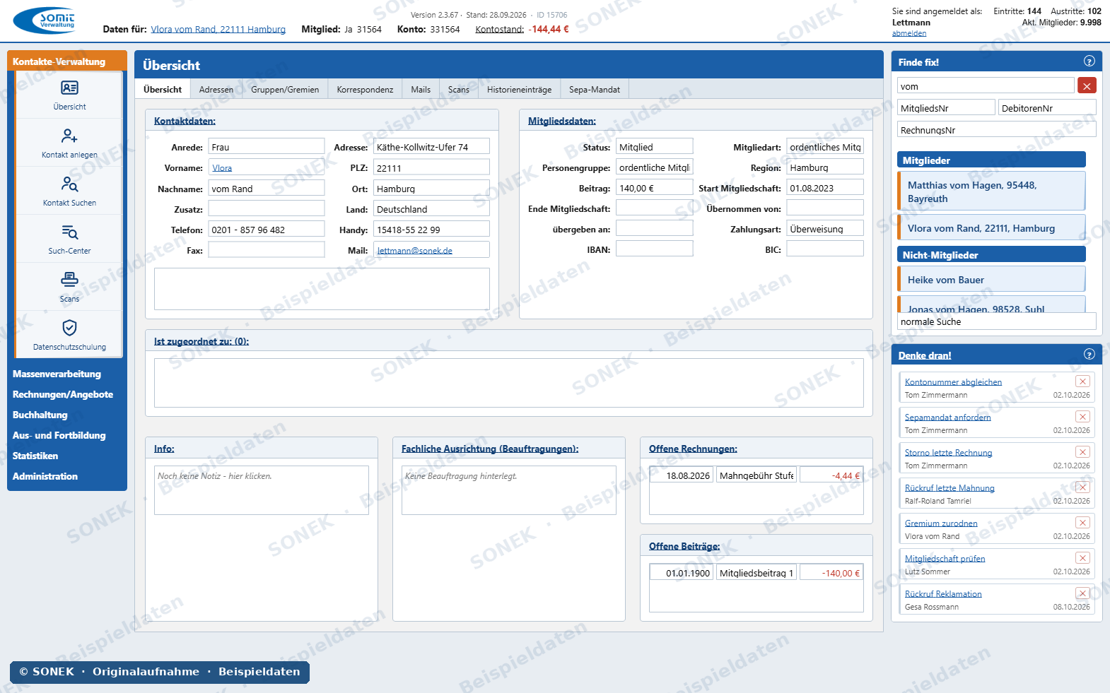 Sonek-Verwaltungssoftware: Übersicht eines Mitglieds