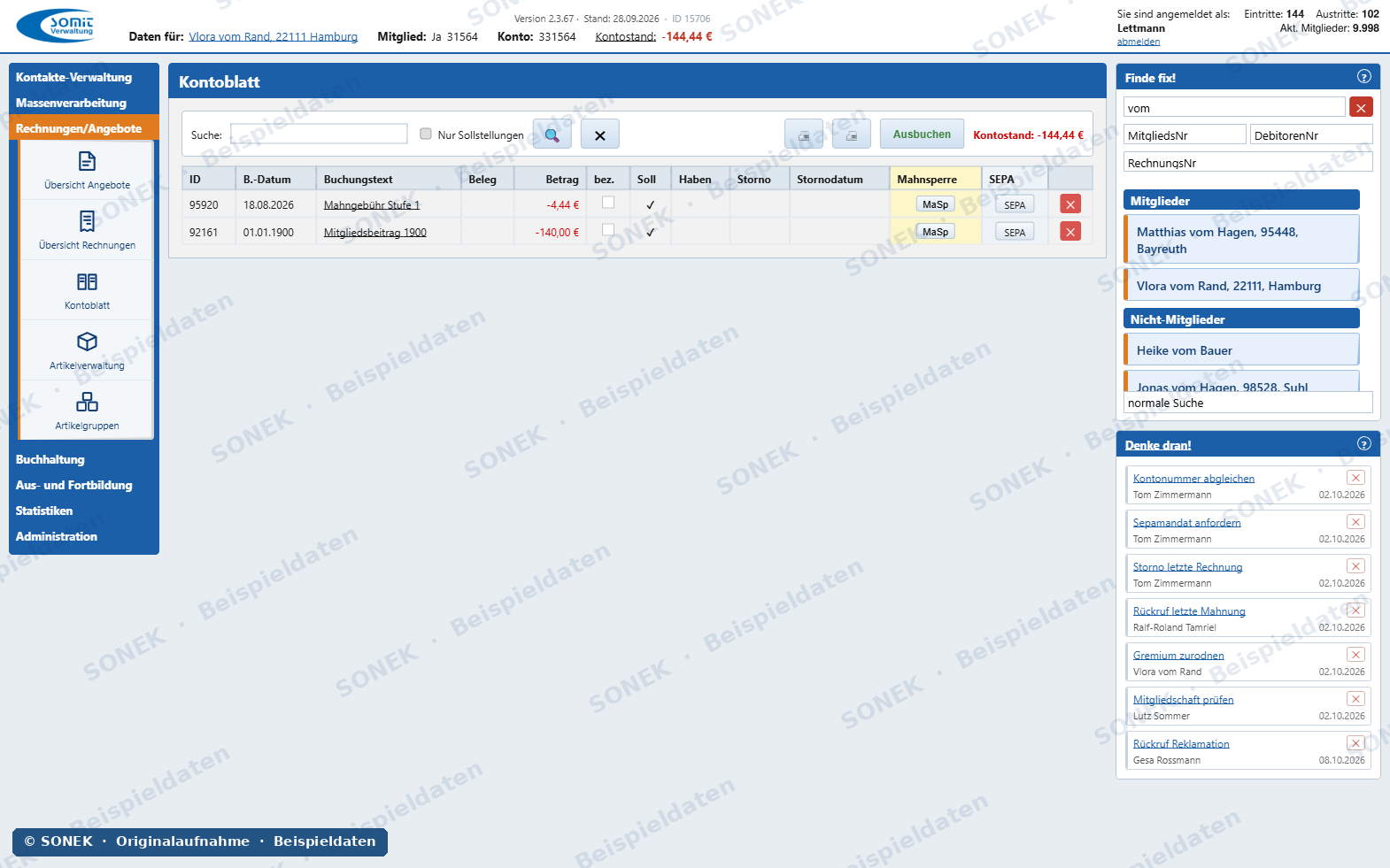 Sonek-Verwaltungssoftware – Kontoblatt