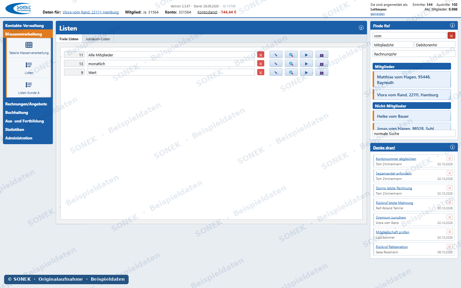 Sonek-Verwaltungssoftware – Listen