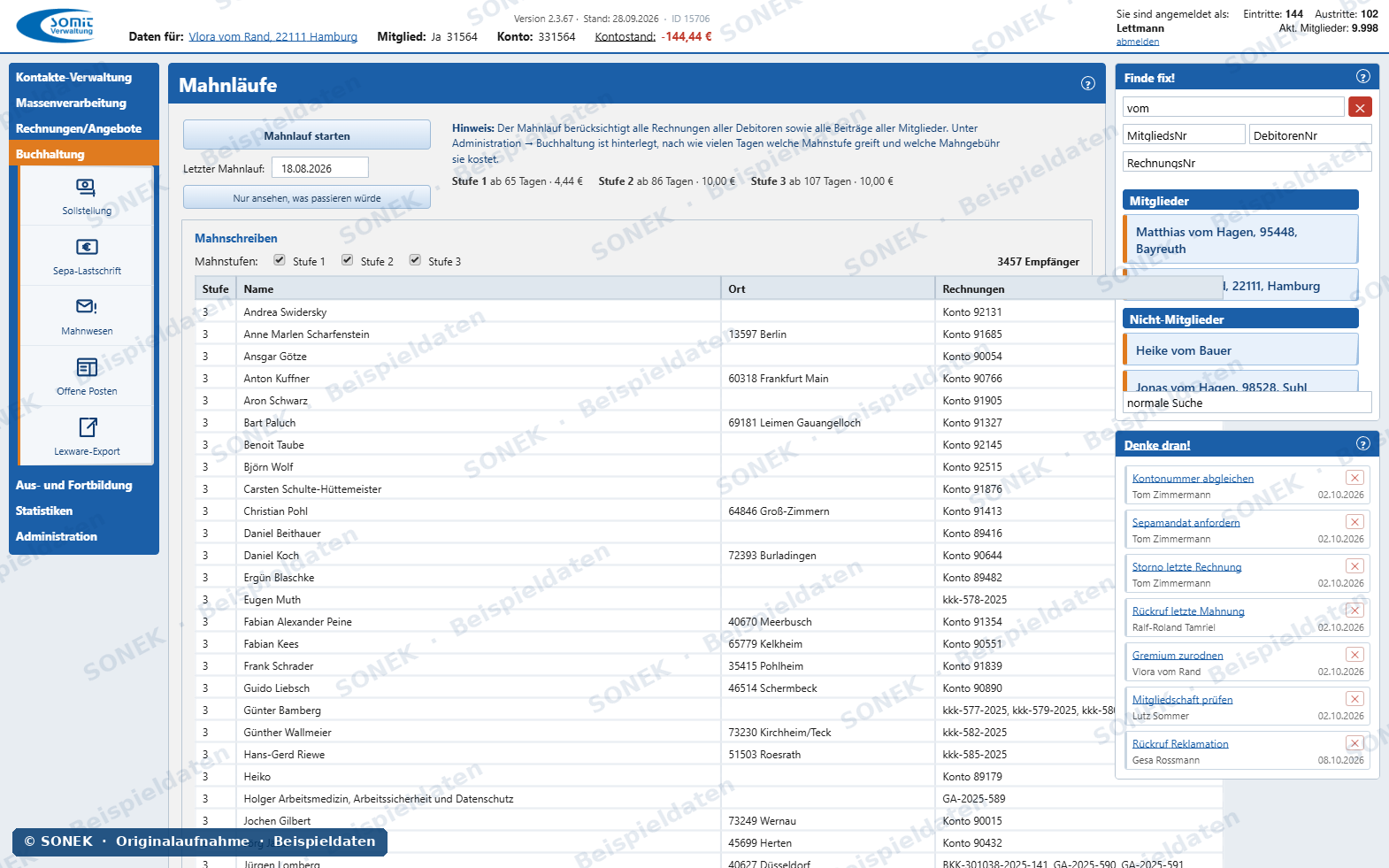 Sonek-Verwaltungssoftware – Mahnwesen
