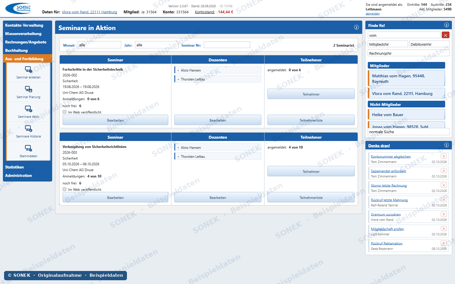 Sonek-Verwaltungssoftware – Aktive Seminare