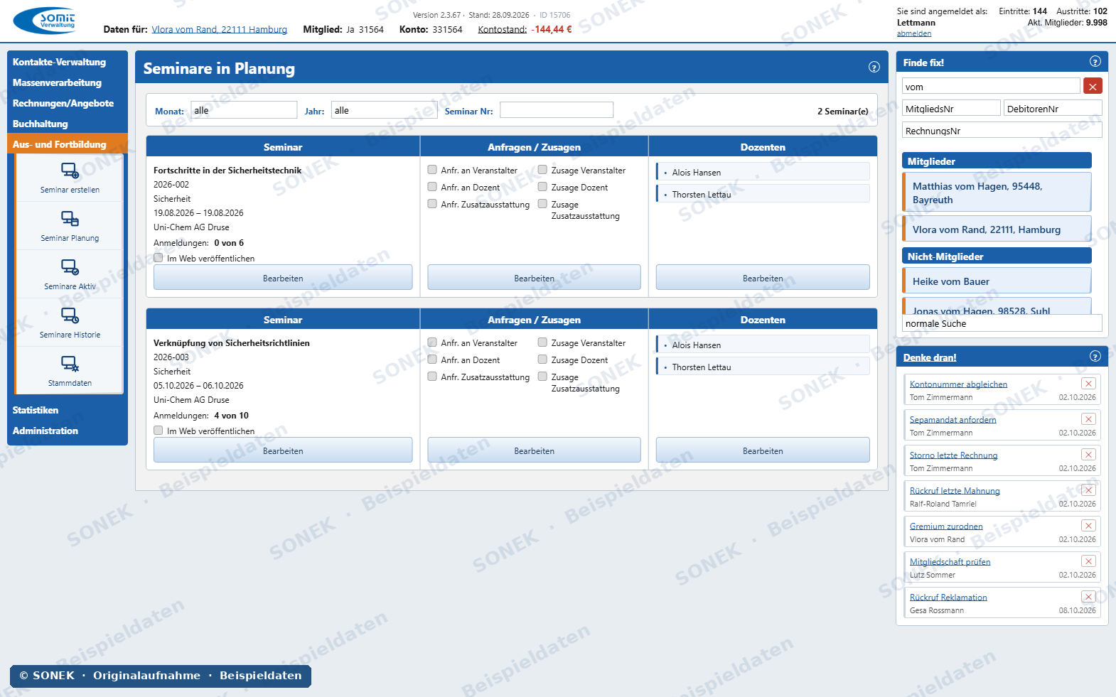 Sonek-Verwaltungssoftware – Seminarplanung