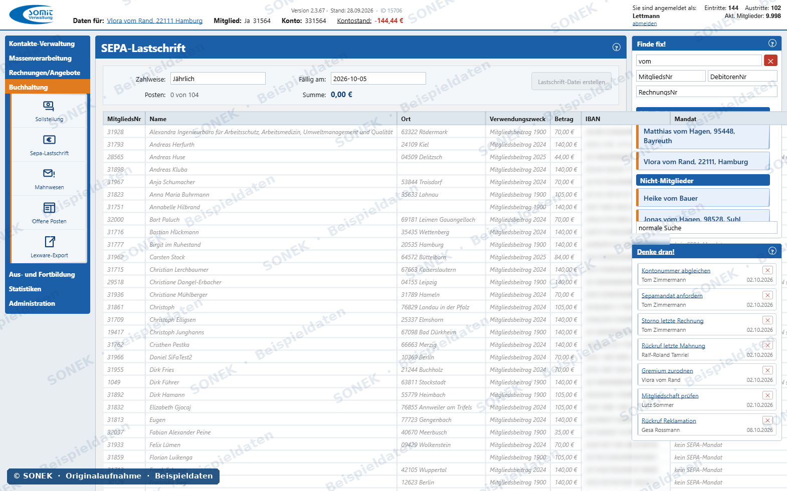 Sonek-Verwaltungssoftware – SEPA-Lastschrift