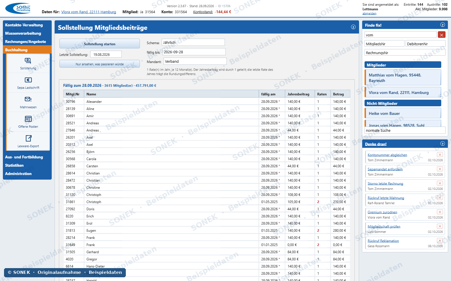Sonek-Verwaltungssoftware – Sollstellung