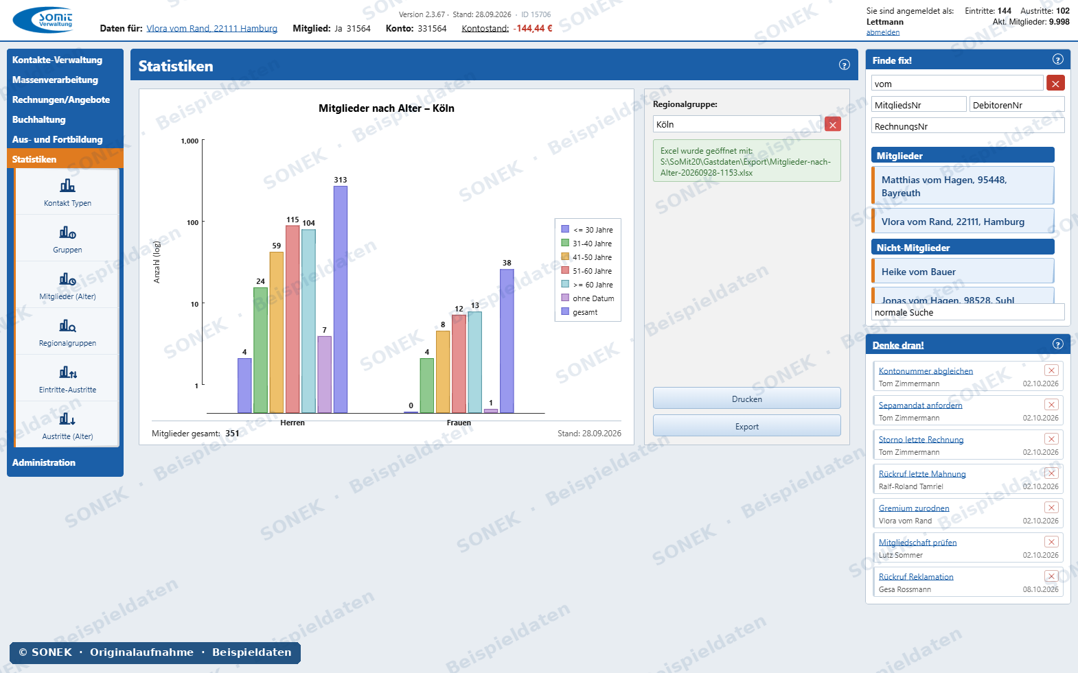 Sonek-Verwaltungssoftware – Altersstatistik