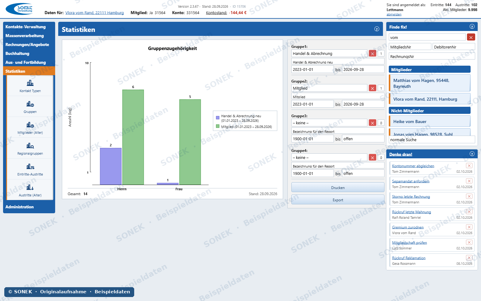 Sonek-Verwaltungssoftware – Gruppenstatistik